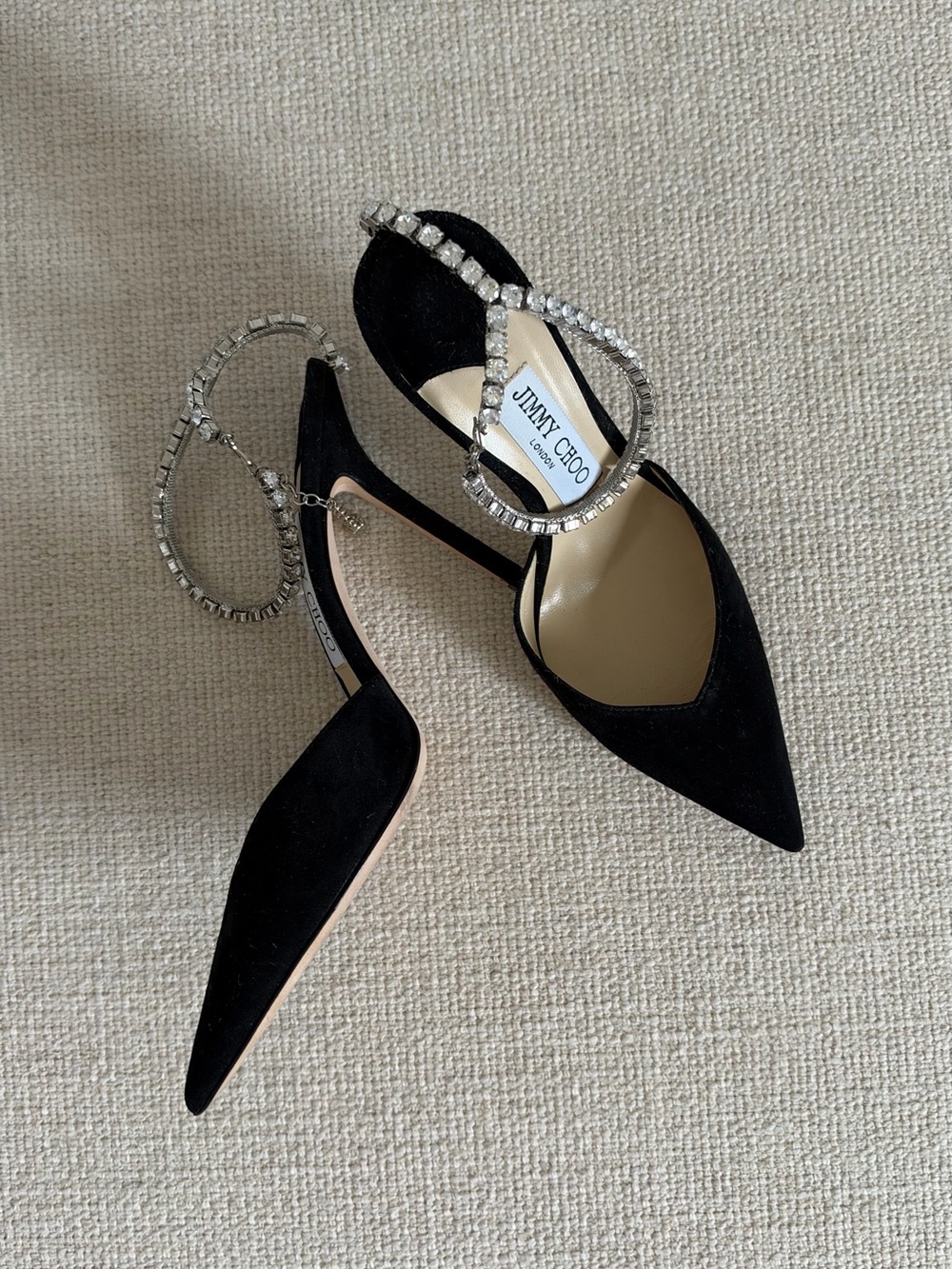 Jimmy Choo Black Suede Pointed Toe Slingback Flats with Crystal Anklet
